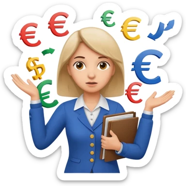 A confused female kindergardenteacher shrugging shoulders with euro symbols and documents floating around. sticker