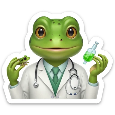 A frog in a doctor’s coat, happily examining a patient, portrait sticker
