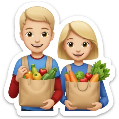 caucasian kids putting groceries in bags smiling sticker