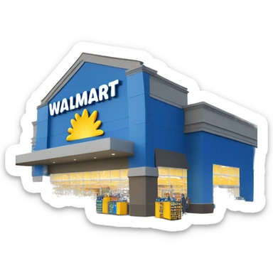 “Exterior of a Walmart store with the sunburst logo above the entrance, blue facade with yellow accents, large sliding glass doors, and shopping carts lined up outside, capturing the look of a busy retail supercenter.” sticker