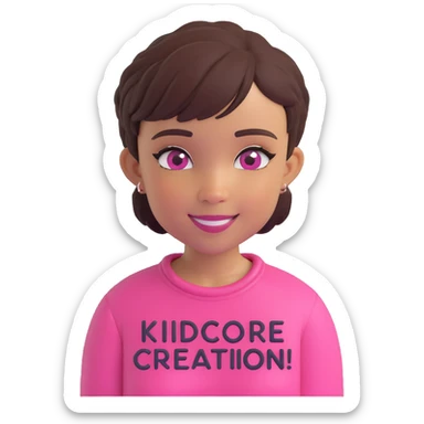Lightskin girl with a pixie cut
pink blouse
hazel eyes
expression is smiling
Add the word Kidcore Creationz in Pink sticker