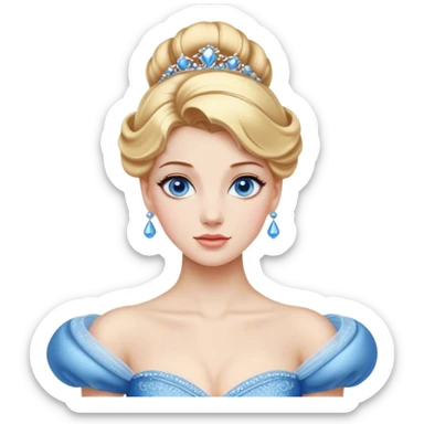 Cinematic Realistic Noble Cinderella Portrait, depicted with porcelain skin rendered in lifelike detail and soft, natural lighting that highlights every delicate nuance. Her intricately styled golden-blonde hair is arranged in an elegant updo, and her deep, expressive blue eyes radiate quiet determination. She wears her classic ball gown with rich fabric textures and delicate folds catching the light beautifully, all set against a subtly glowing, natural background that captures the essence of timeless royal grace. sticker