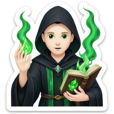 A dark sorcerer in flowing black robes, conjuring eerie green flames sticker