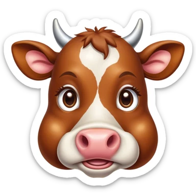Cinematic Cute Brown Cow Portrait Emoji, Head tilted playfully and inquisitively, featuring a glossy, rich brown hide with a natural sheen, round, sparkling brown eyes filled with gentle curiosity, Simplified yet irresistibly adorable features, highly detailed, glowing with a warm, friendly glow, high shine, affectionate and serene, stylized with a touch of country charm, bright and endearing, soft glowing outline, capturing the essence of a mischievous yet loving cow, so playful it feels like it could moo out of the screen and into your arms! sticker