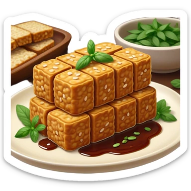 Tempeh Cinematic Realistic Tempeh Dish Emoji, depicted as crispy, sliced portions of fermented soy cake with a golden-brown finish, rendered with detailed textures and warm, inviting lighting. sticker