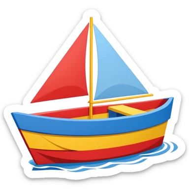 Child designed and operated Brightly painted Cardboard  boat with straight sides, very basic design pointed on one end, flat blunt square rear  sticker