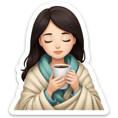 Girl with dark hair snuggled in warm blanket enjoying coffee with peaceful closed eyes sticker