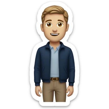 White man, brown hair, navy cardigan  sticker