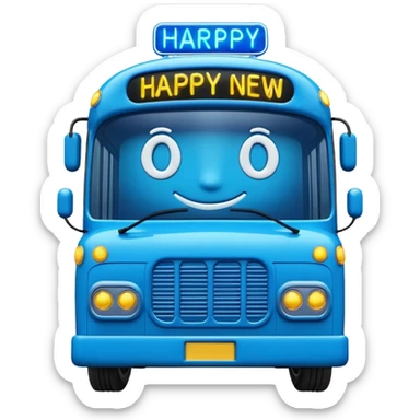 3D emoji of a modern blue
Moscow Electrobus decorated with glowing neon Christmas lights and a
"Happy New Year" digital sign on the front. Stylized 3D model, glossy finish, cute proportions, vibrant blue color, isolated on a white background. sticker