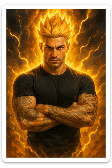 a muscular man with spiky hair stands in a powerful pose, surrounded by a glowing, fiery aura reminiscent of Goku’s Super Saiyan transformation. His eyes are intense and determined, and his body radiates energy and confidence. Lightning bolts and energy waves crackle around him, symbolizing a surge of testosterone and vitality. The background is dramatic, with swirling clouds and vibrant colors. sticker