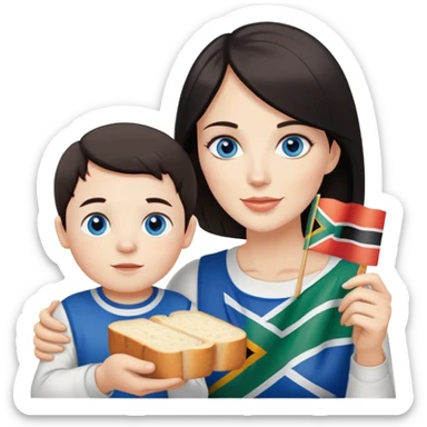 White dark hair blue eyed Lady with son eating white bread and holding South African flag  sticker