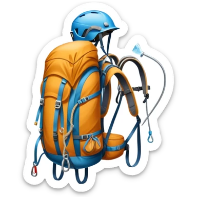 Icon for Mountain Tourism and Climbing: a mountain peak in the background, climbing gear and backpack. The icon should capture the adventure and challenge of alpine exploration. Transparent background. sticker