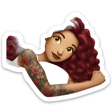 Beautiful tattooed burgundy long haired woman laying on the bed sticker