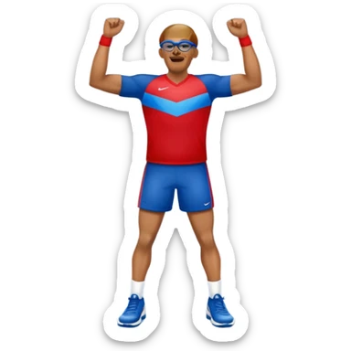 Create an emoji inspired by the reference image of an athlete celebrating on the track, wearing a red and blue uniform, sports glasses, and a victory gesture. Style: classic Apple emoji style. No text or branding. sticker