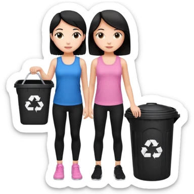 generate a genmoji of a black haired girl in a pink tank top and black leggings holding a black trash bag. Standing with her is a brunette girl in a similar blue tank top and black leggings.
Standing in front of a dustbin sticker