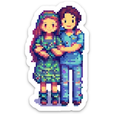 a group of friends, pixel art style, smiling, arms around each other sticker