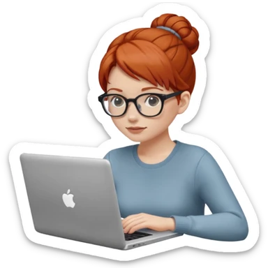 hair in a bun redhead female with glasses focused on a laptop sticker