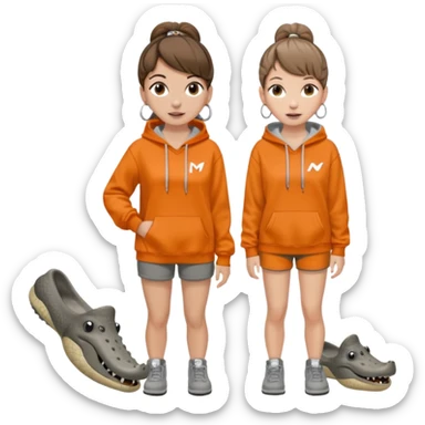 can you make a white girl with brown hair that is in a bun  and brown eyes and a normal white person nose and then she is wearing a grey hoodie mclaran formula 1 and wearing dirty white crocs with taylor swift gibits, 3 on each croc and she has 4 ear peiecings and hoop and stud and black shorts
 sticker