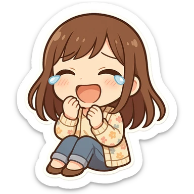 chibi sticker of a girl with brown straight hair and brown eyes, wearing a pastel floral cardigan and jeans, laughing to tears, sitting down, white outline, transparent background, 512x512px sticker