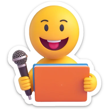 3D smiley emoji, round shape, journalist: with notebook and microphone, funny face sticker