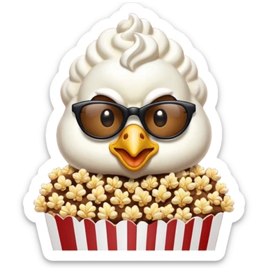 Ayam pakai kacamata dengan wajah tersenyum senyum dan sedang memegang popcorn sticker