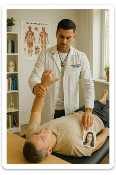 a middle-aged man, dressed in casual professional attire, is in a bright, organized therapy studio. Durante una visita di kinesiologia, il praticante tiene con una mano la foto di una persona lontana (il “testimone”) appoggiata su un tavolo, mentre con l’altra mano esegue un test muscolare su un cliente presente. Sullo sfondo si vedono libri di kinesiologia, poster anatomici e strumenti tipici della disciplina. L’atmosfera è concentrata e serena, con luce naturale che entra dalla finestra, sottolineando l’aspetto alternativo e umano della pratica. sticker