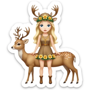 full body woman long blonde hair blue eyes white skin wearing deer hat and golden flower dress sticker
