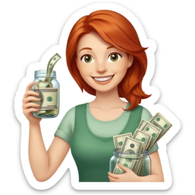 redhead woman with big smile holding glass jar with money bills inside sticker