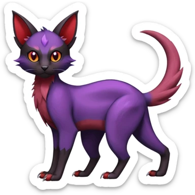 Black edgy Noivern-Noibat-Purloin-Torracat-Lykoi-Caracal-cat-Fakemon-fusion-hybrid-creature with violet and red scale markings sticker