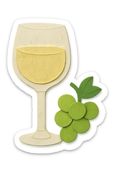 white wine icon, paper craft style, light yellow wine glass with light green grapes beside it, no background sticker