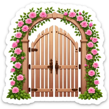 a garden's gate made of wood, with pink flowers all around it sticker