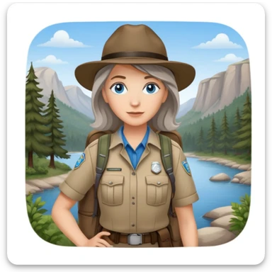 white woman park ranger with blue eyes, brown and gray hair, wearing a backpack, standing in a nature background sticker