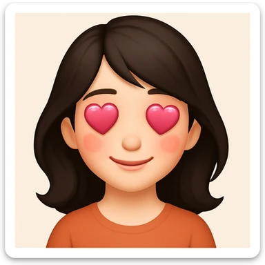 A girl with fair skin, dark hair, fair skin and pink blush. The illustration should be in emoji style. The girl should have a loving look and hearts in her eyes. sticker