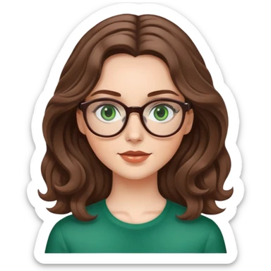 White girl with medium length brown wavy hair, glasses, and green eyes sticker