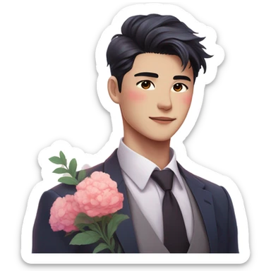 Gorgeous romantic anime style Asian formal modern gentlemanly guy with flowers and blushing face aesthetic trending style outside with colorful gradient colors sticker