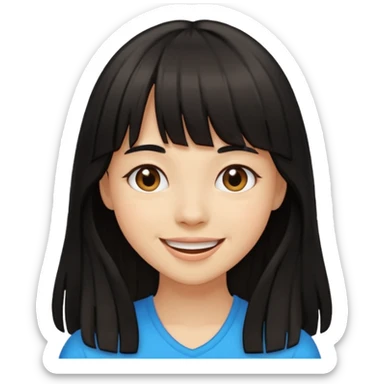 Pale brown girl with long black hair with bangs, happy sticker