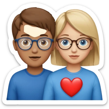 two young lovers, a red heart in the middle, boy with brown hair and glasses, girl blonde with blue eyes without glasses, emoji style sticker