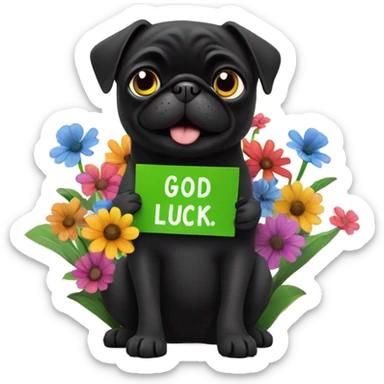 Black pug , surrounded by flowers, holding a green sign that says “good luck”  sticker