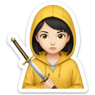 black haired girl holding sword and wearing yellow hoodie sticker