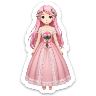 pastel anime woman with pink and white lace dress full body and long hair with roses sticker