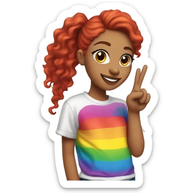 "A young woman with lengthy red curls in a ponytail, wearing a rainbow cat shirt, poses with a peace sign." sticker