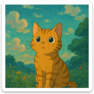 a curious cat with big eyes and a dreamy background in Ghibli style sticker