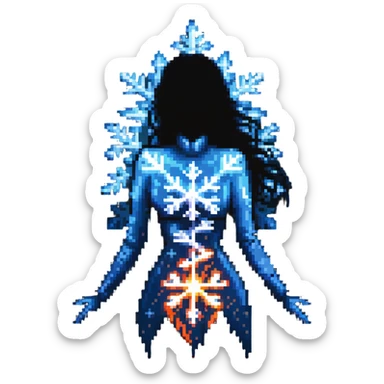 a woman with a warm glow or flames inside her silhouette, surrounded by a chilly blue aura or snowflakes, representing menopause hot inside cold outside sticker