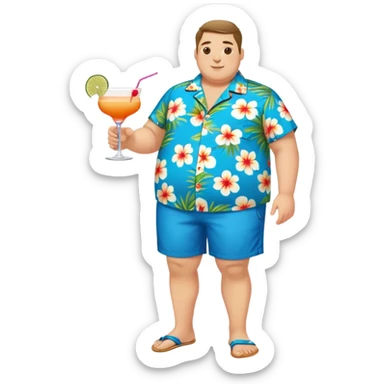 chubby guy full figure in a flowered azure havai shirt, brown shorts and flippers holding a cocktail sticker