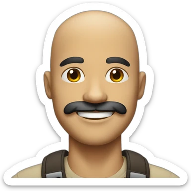 Bald man with big black mustache and tan skin and a big smile and sticker