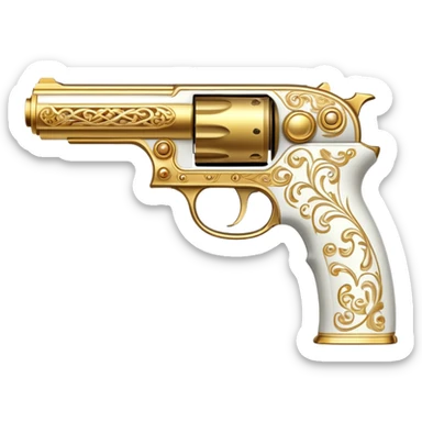 an artistic handcannon gun, short but deadly, all white with golden decoration, unique shape sticker