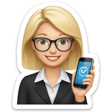 Blonde marketing agent with phone and glasses sticker
