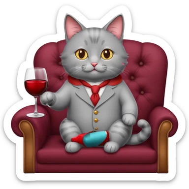 gray Cat sitting On A Couch holding Wine sticker