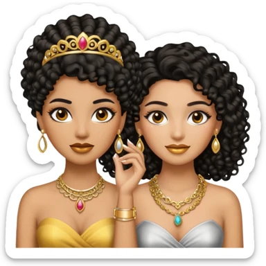 An emoji with two women, one woman with caramel skin color, black curly hair long. The other one is fair skin with brown straight hair and they're wearing jewelry and makeup. sticker