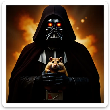 Cinematic still, Extreme Closeup Photo of a darth vader holding big hamster, low key light, explosion startship background with leading lines, back light, spot light sticker